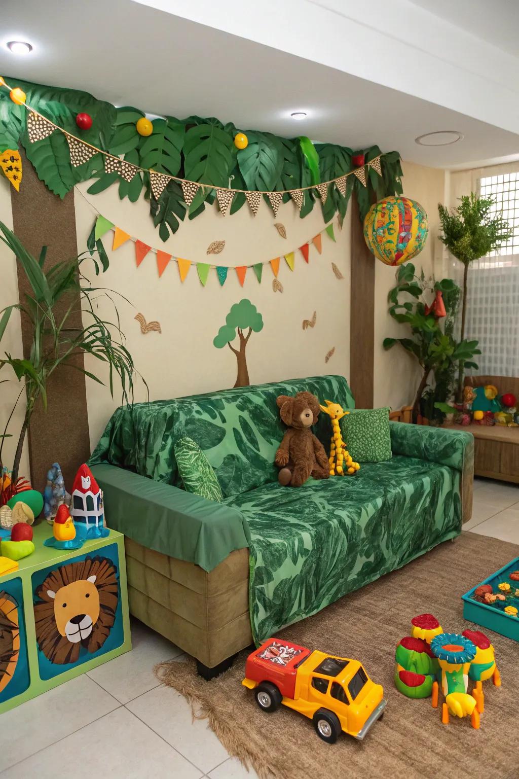 A personalized playroom with a jungle-themed couch.