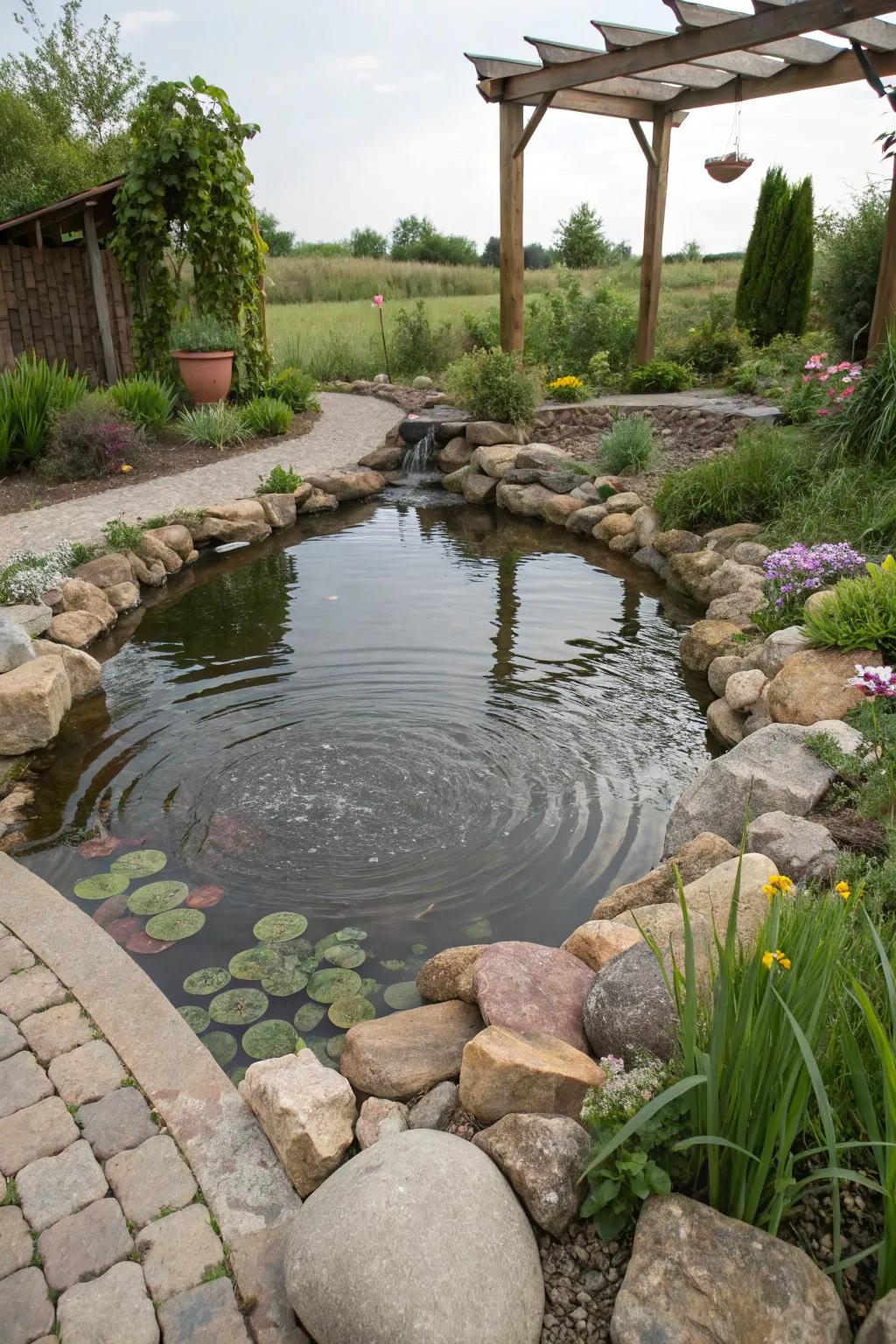 A rustic no-liner natural pond in a backyard garden.