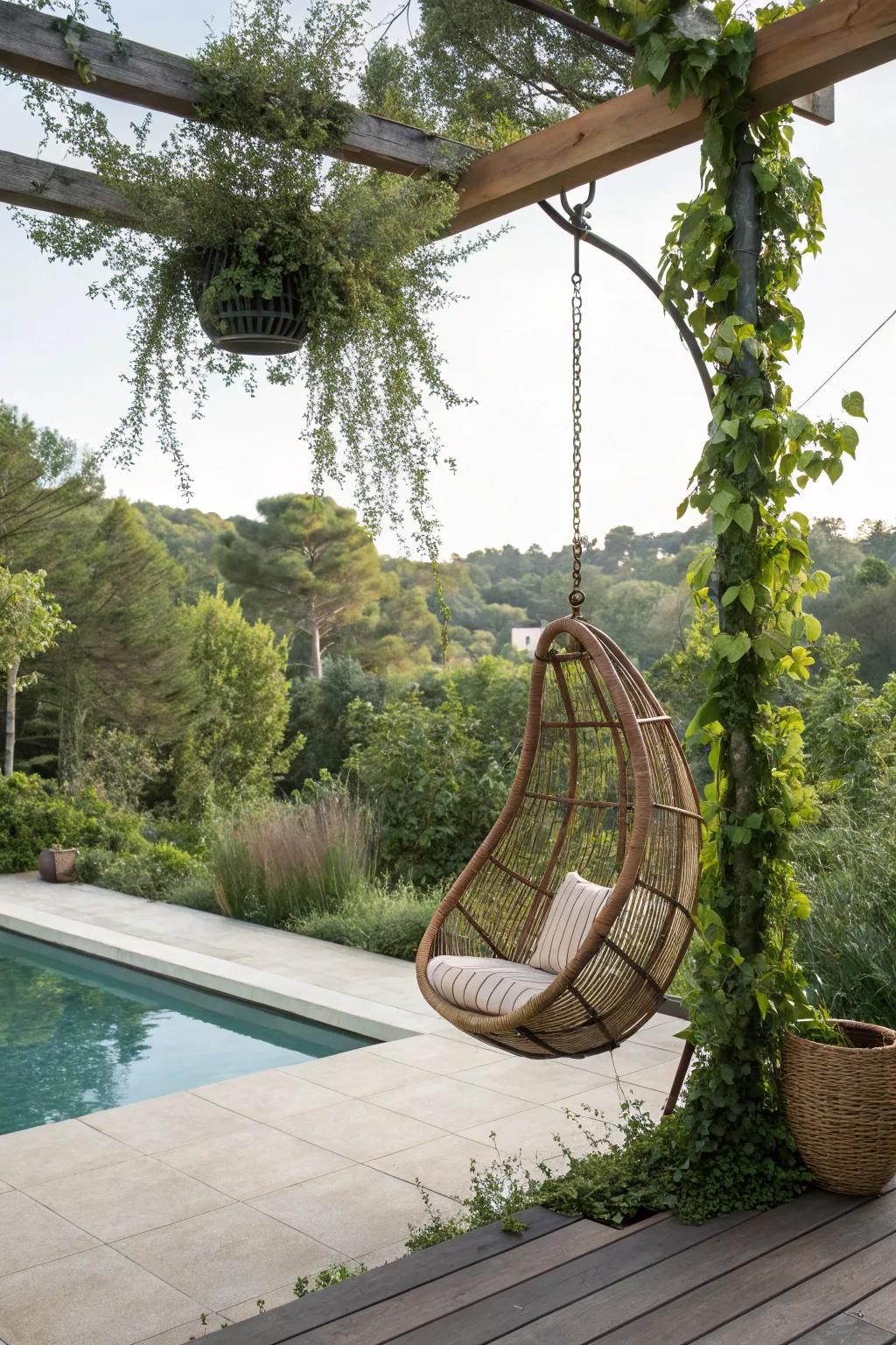 Relax in a hanging swing by your pool.