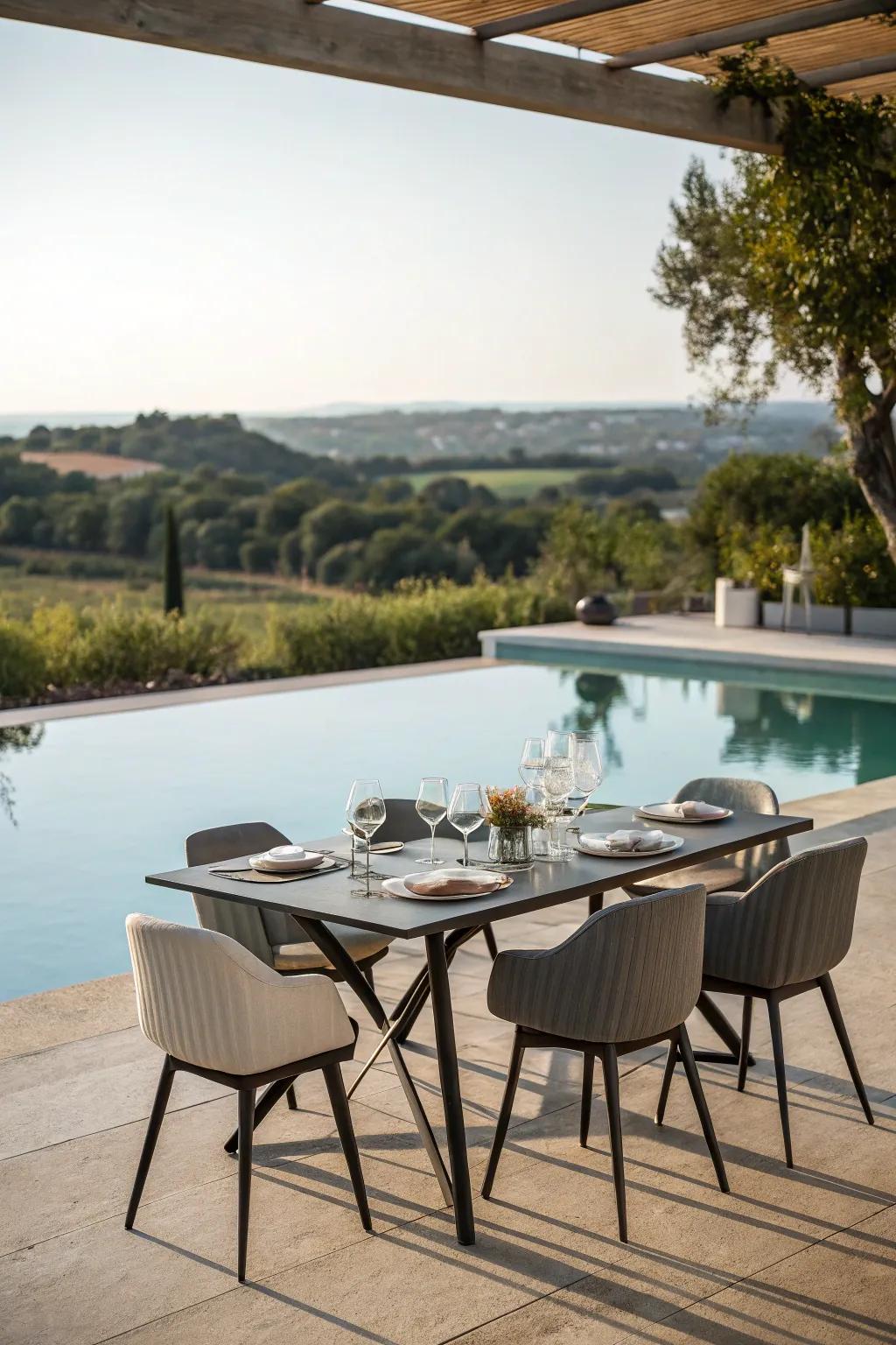 Enjoy meals by the pool with a chic and sturdy dining setup.