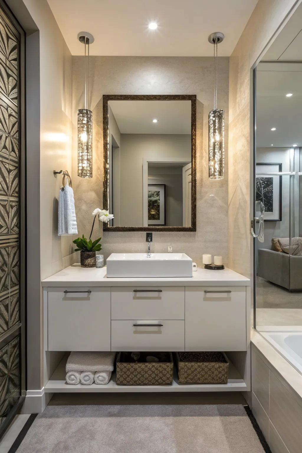 A modern powder room featuring a space-saving floating vanity.