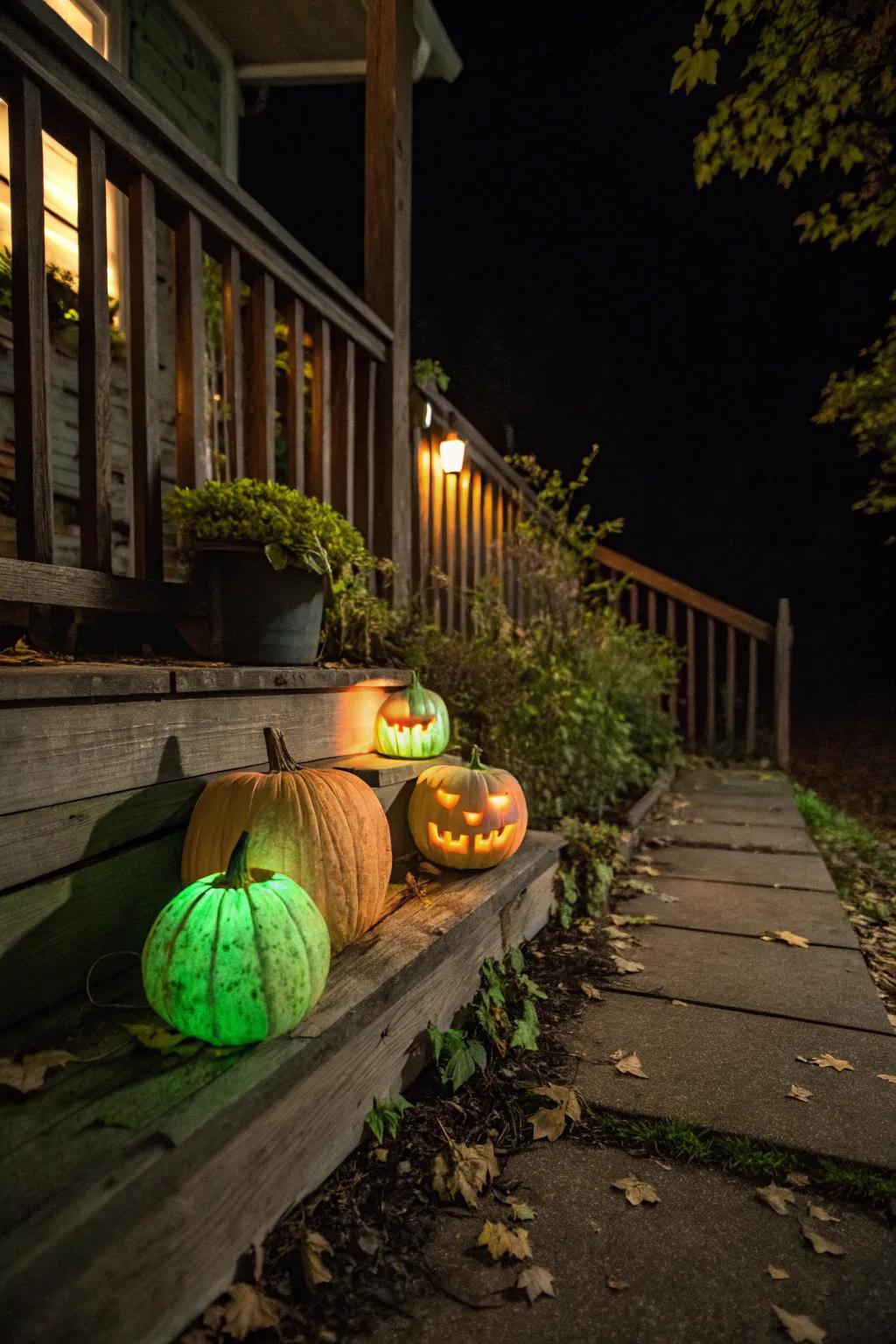 Pumpkins glowing in the dark, perfect for Halloween.