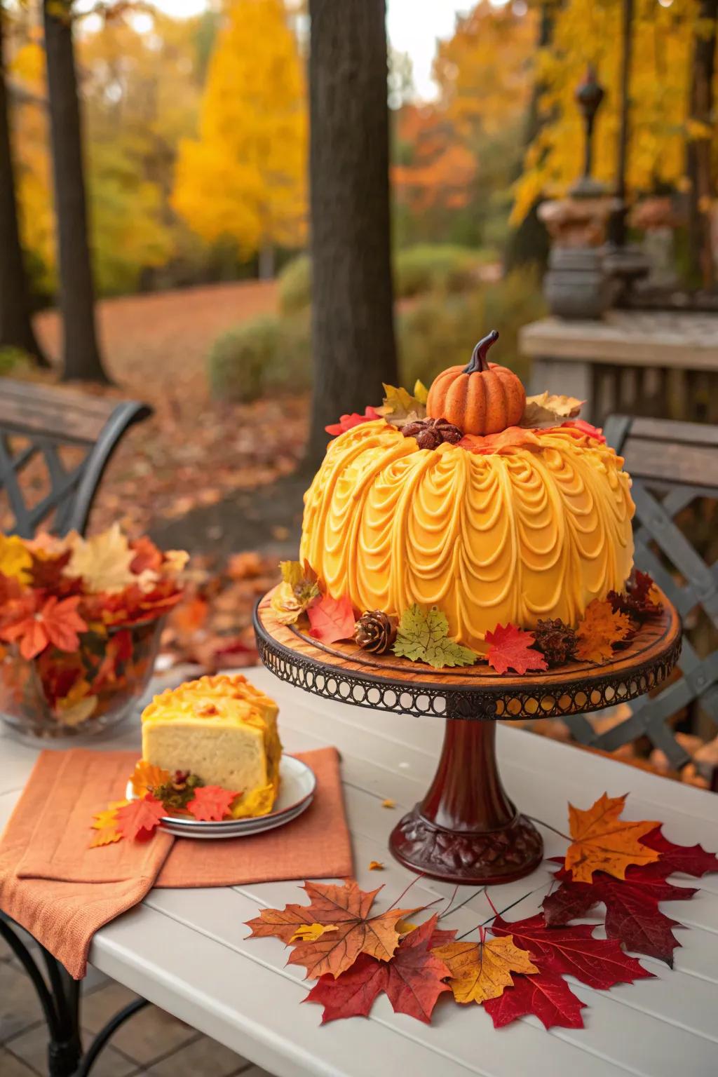 A pumpkin-themed cake is both a treat and a decoration.