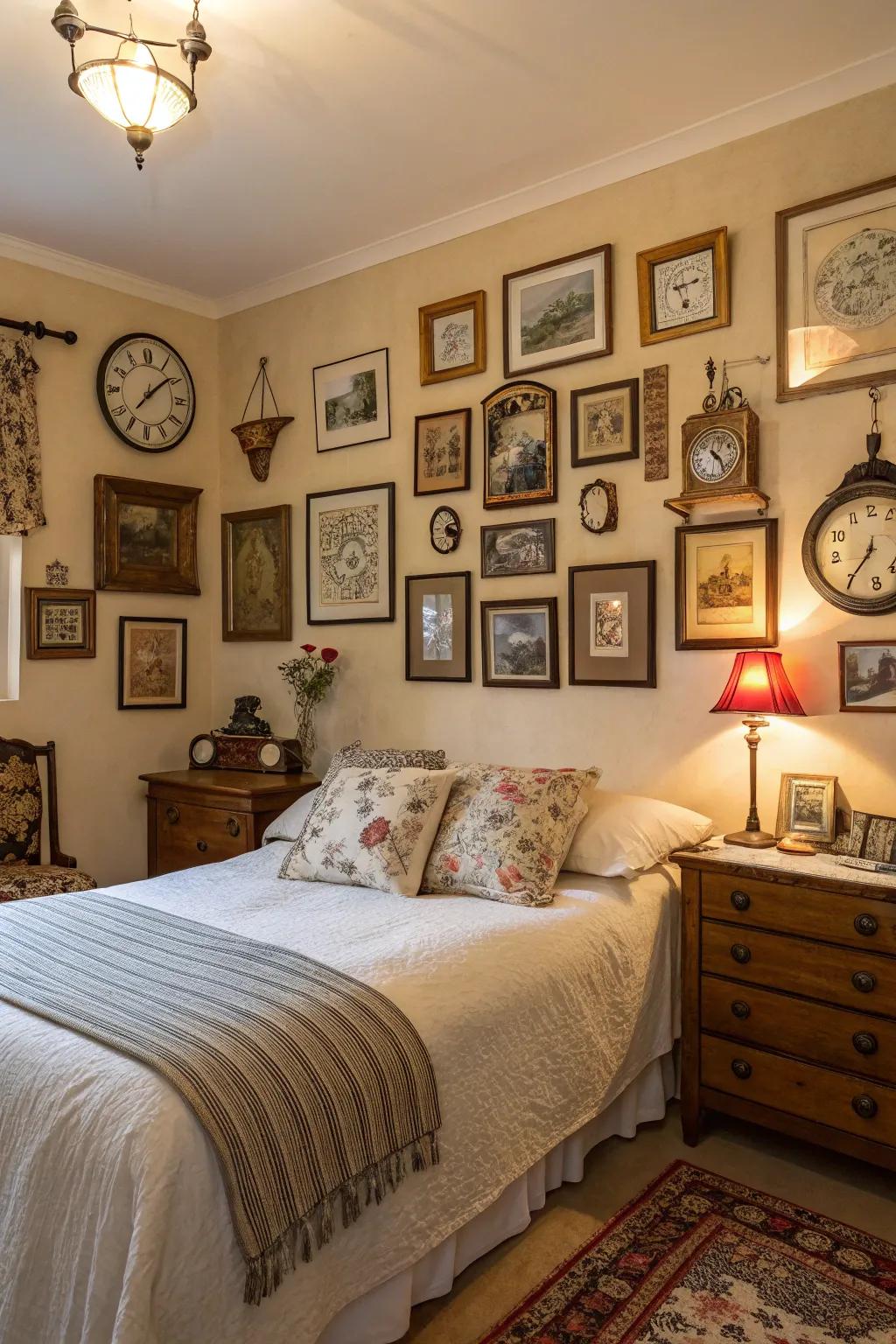 A gallery of vintage finds adding depth to the bedroom.