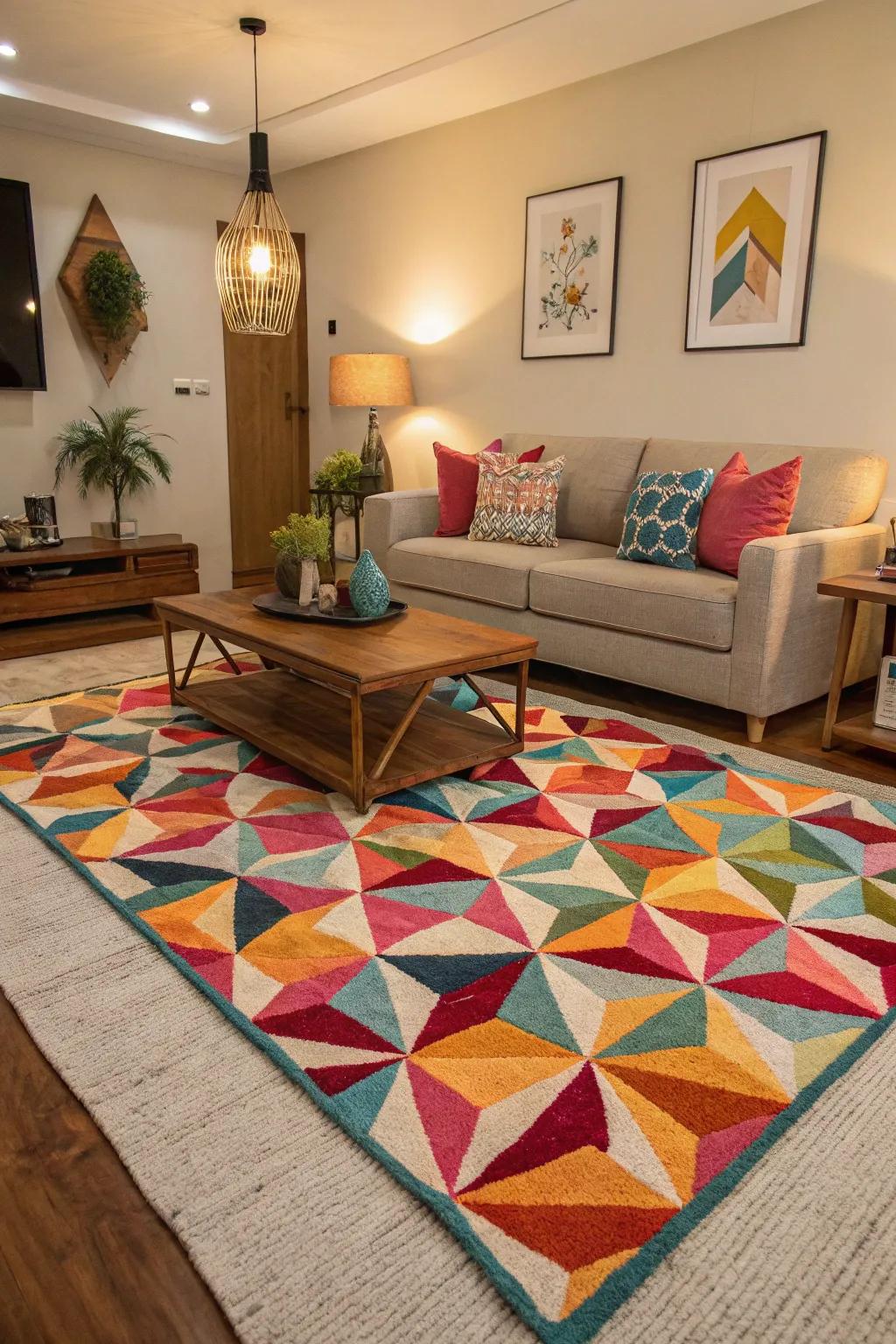 A bold geometric patterned rug as a style statement.