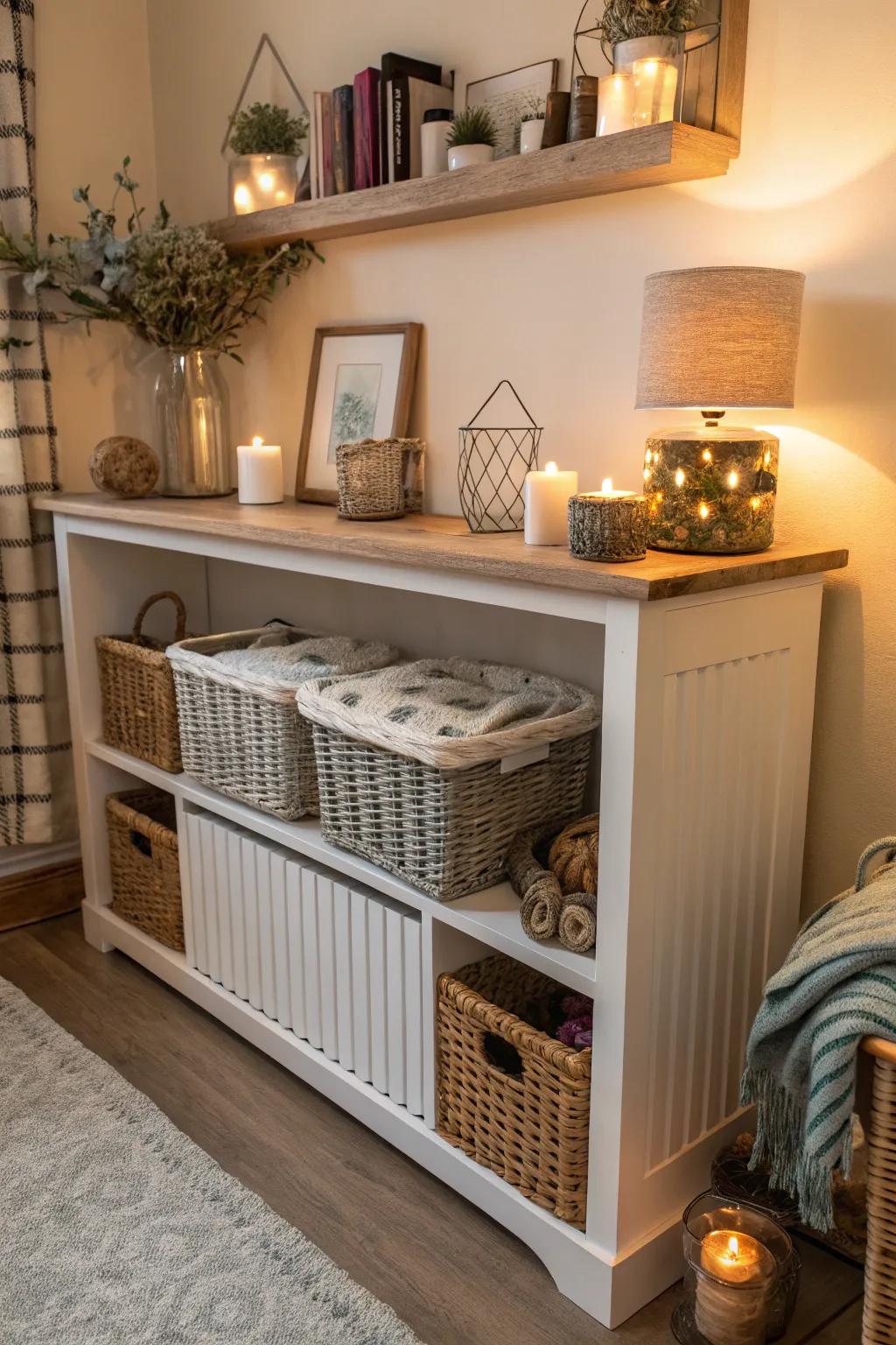 Maximize space with stylish storage solutions under your radiator shelf.