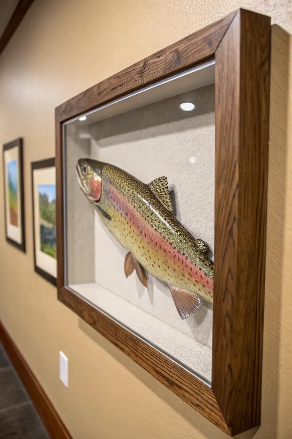 An artistic shadow box adds depth and sophistication to the rainbow trout mount.