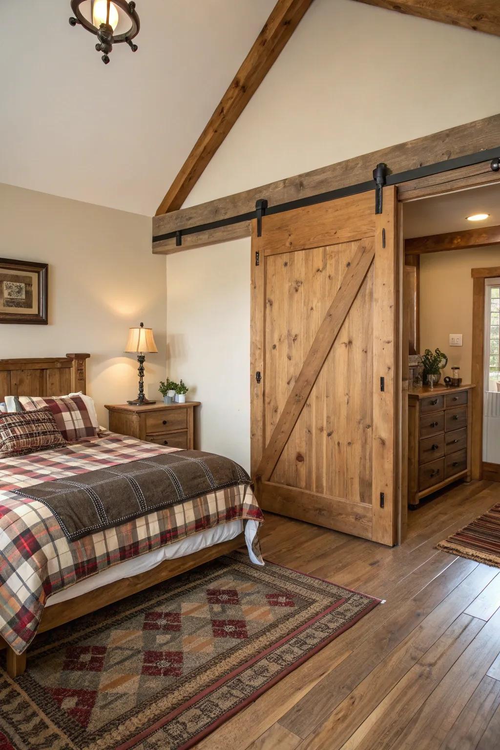 A bedroom featuring a sliding barn door and rustic furnishings.