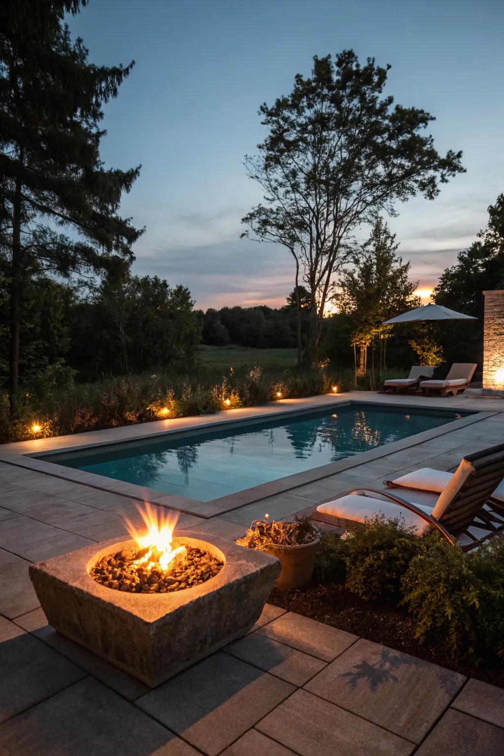 A fire pit provides warmth and ambiance by the pool.