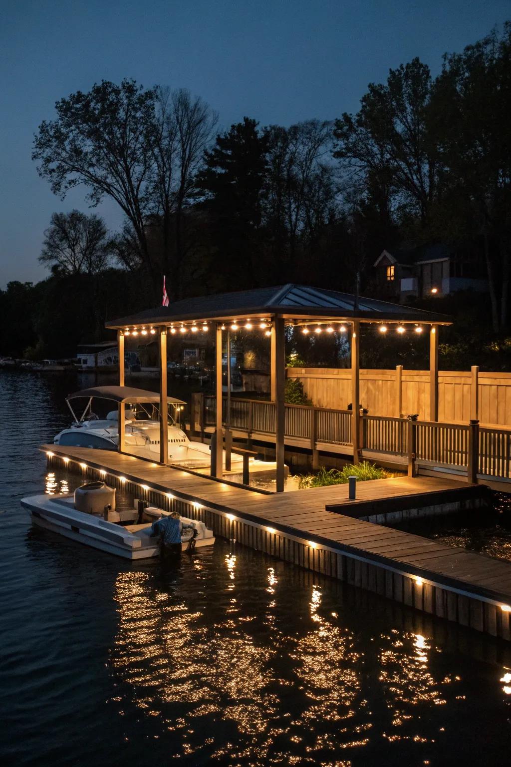 A dock illuminated by ambient lighting for night-time charm.