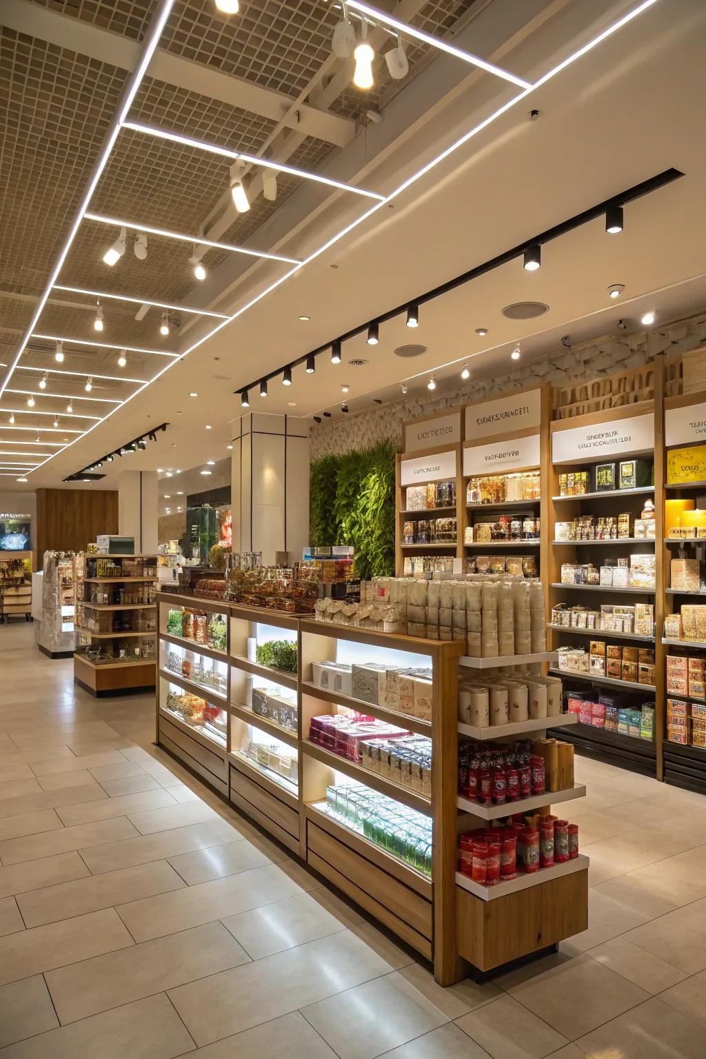 Layered lighting adding dimension and intrigue to the store.