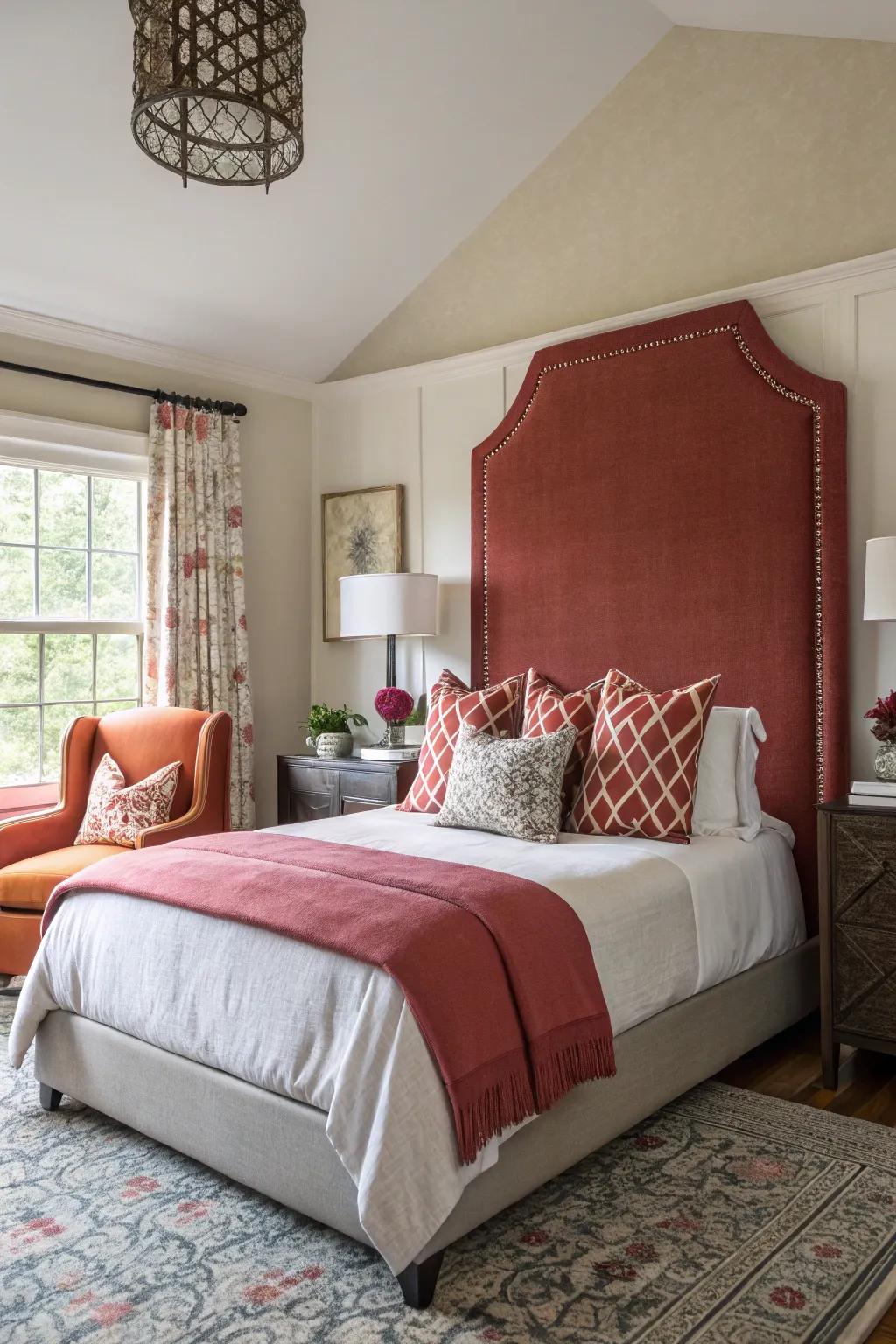 A statement headboard adds drama and focus to the bedroom.