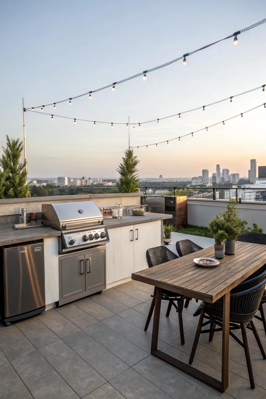 Cooking and dining in a rooftop kitchen.