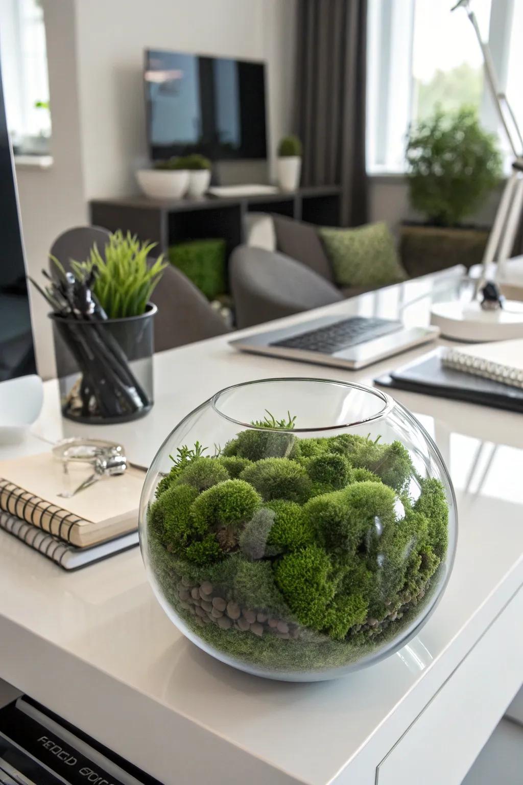 Artificial moss in a glass bowl offers a lush and green decor element.