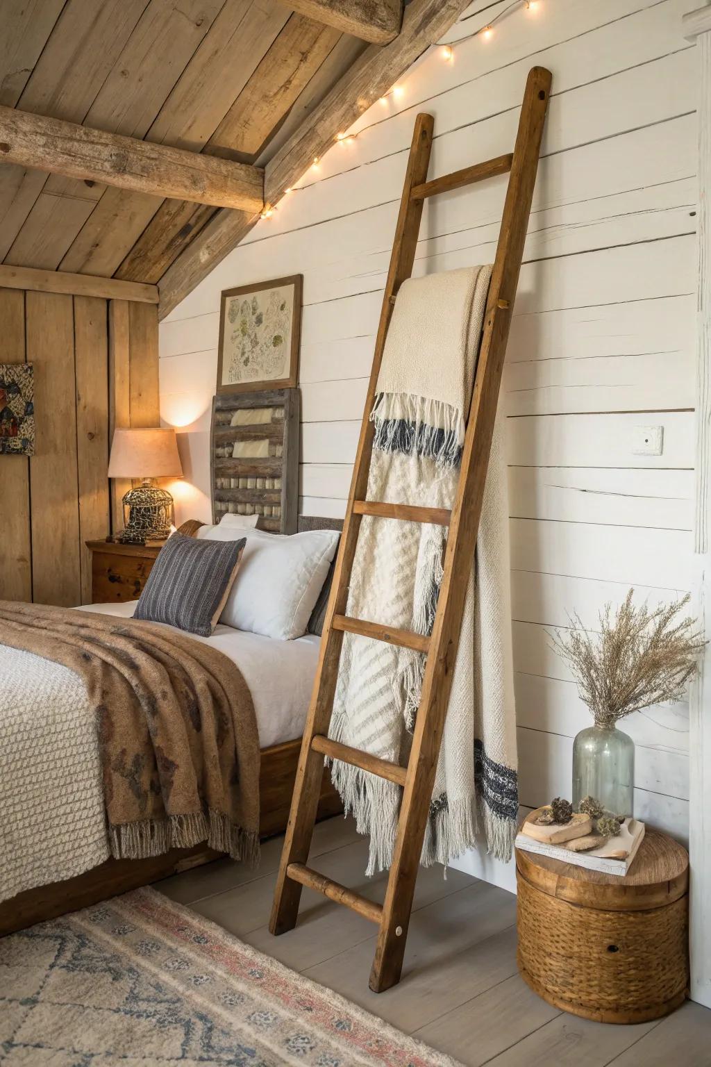 Repurposed furniture adds unique character to this rustic bedroom.