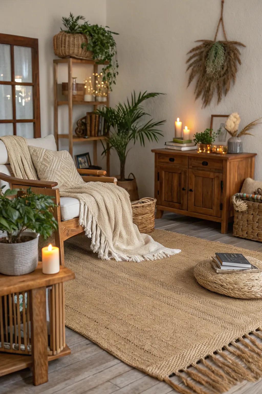 A living room anchored by a natural fiber rug.