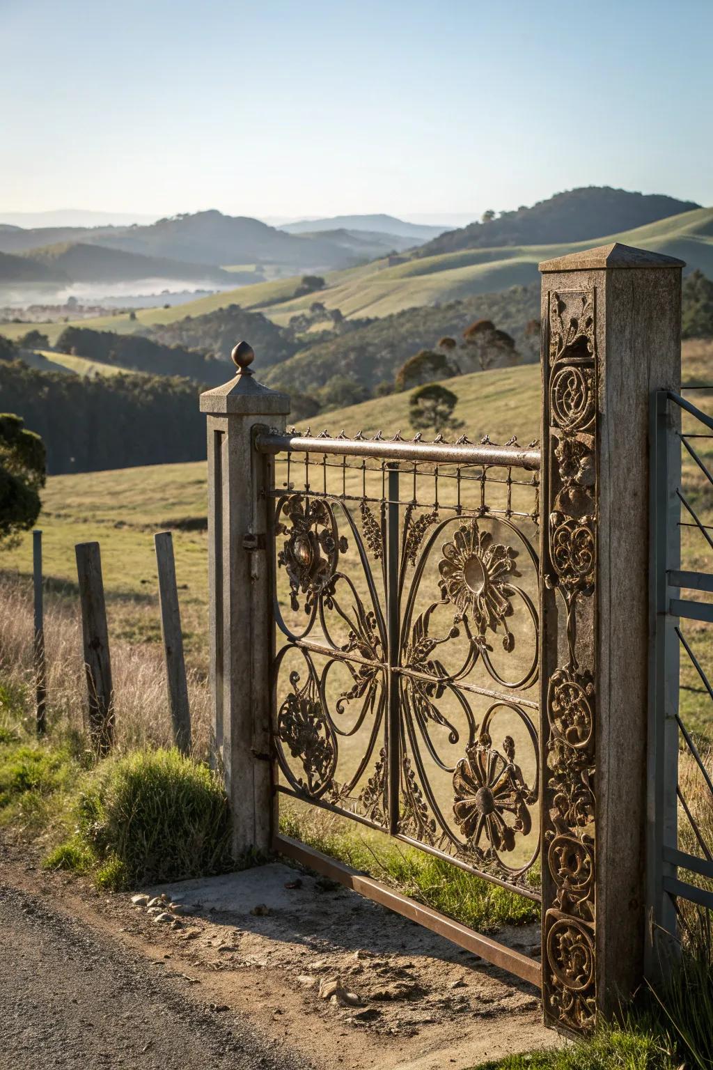 A farm gate with striking artistic metal inlays.