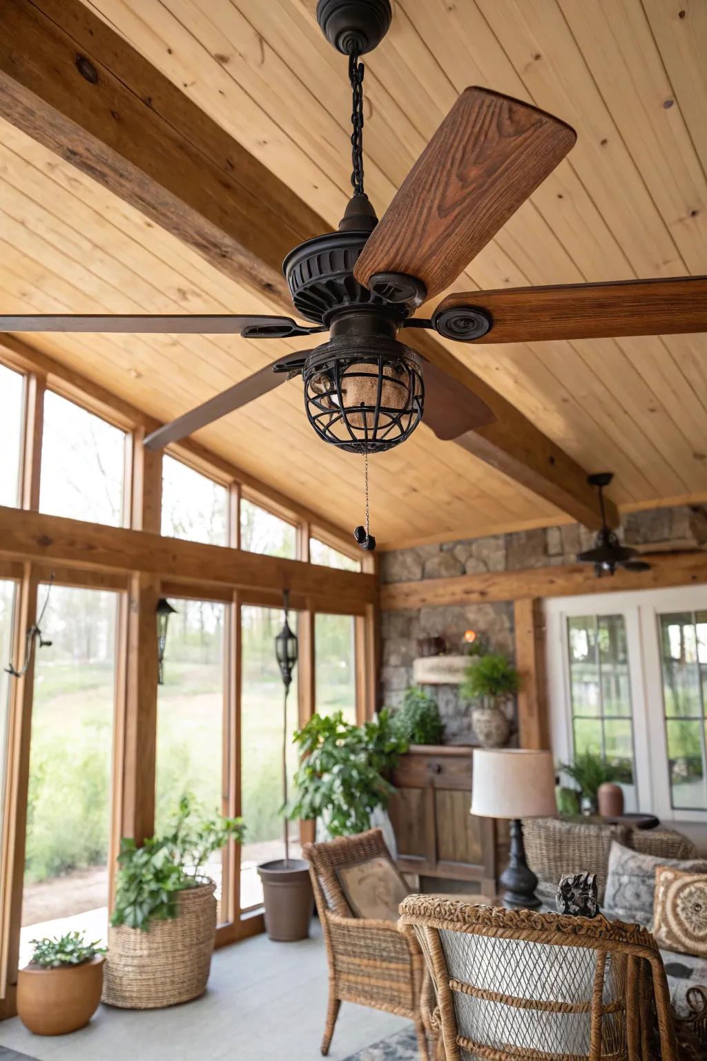 An iron and wood ceiling fan complements the rustic sunroom perfectly.