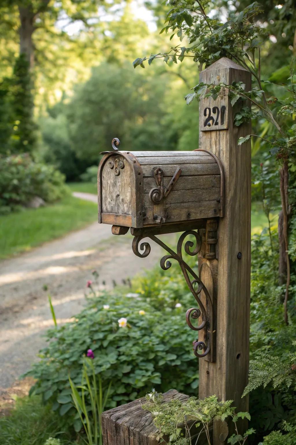 Antique hardware adds elegance to this rustic mailbox post.