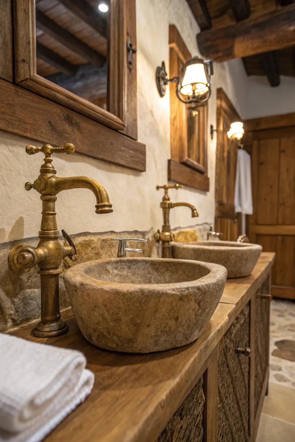 Vintage faucets add elegance and rustic charm.