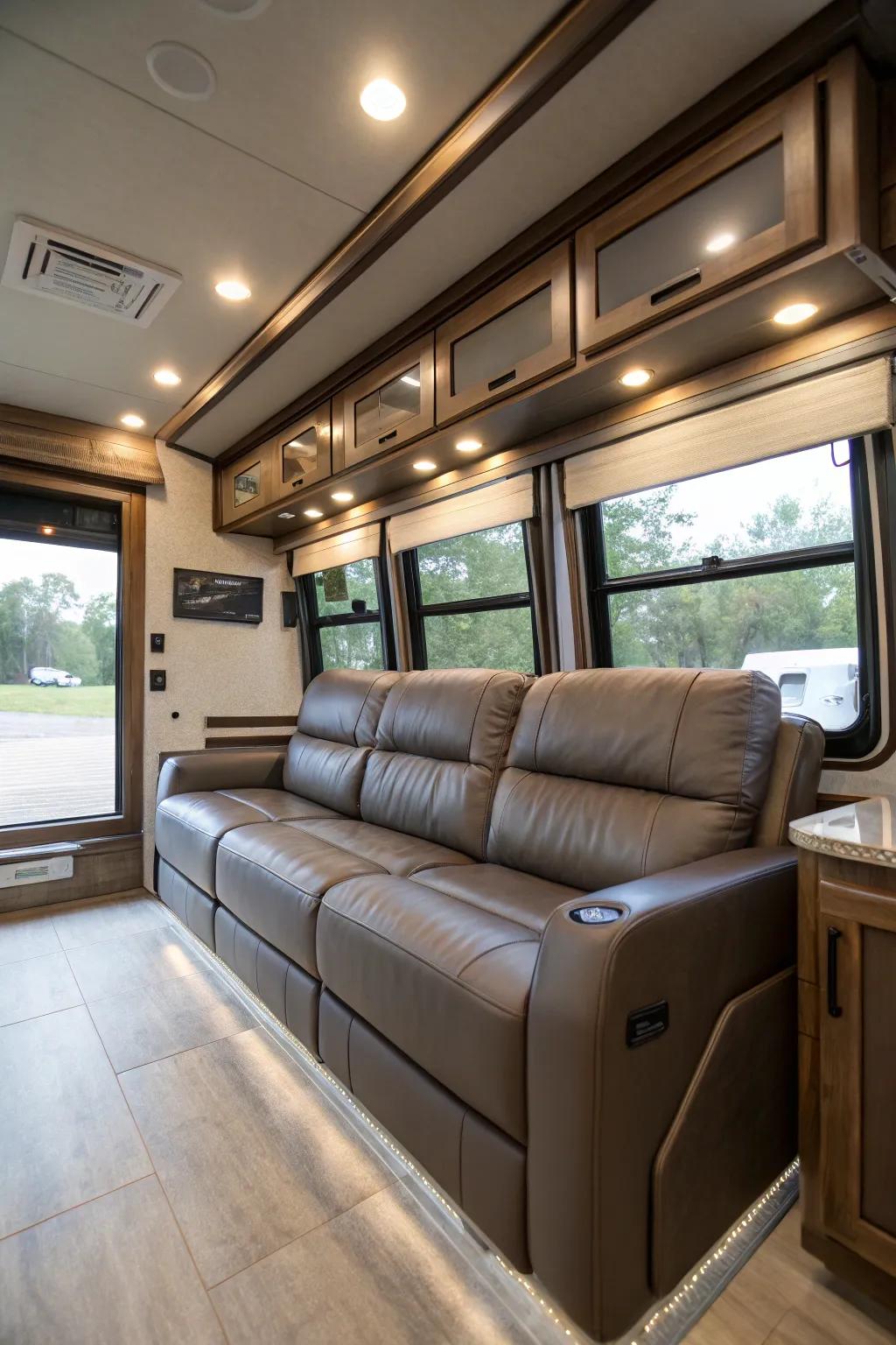 Leather couches add timeless elegance to RV spaces.