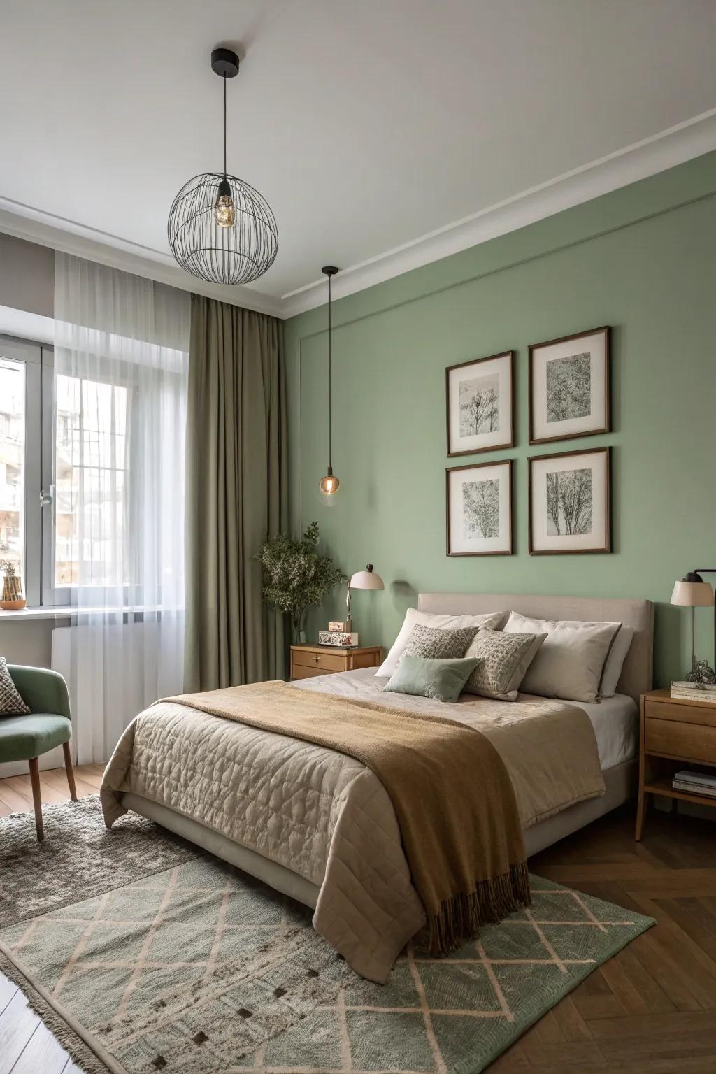 Mixing sage green with neutral tones creates a soothing, harmonious bedroom.