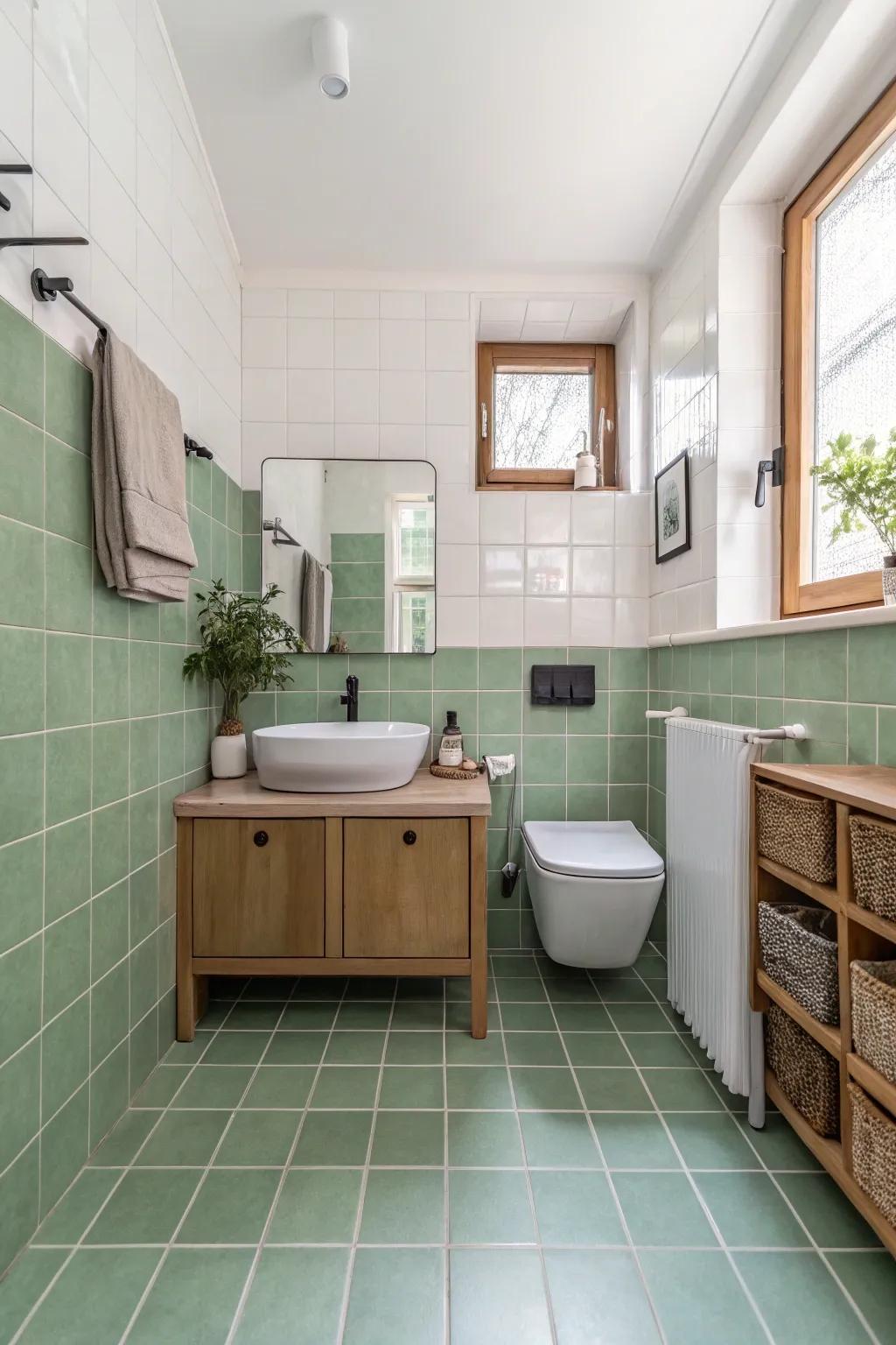 A bathroom with sage green floor tiles that make a bold design statement.