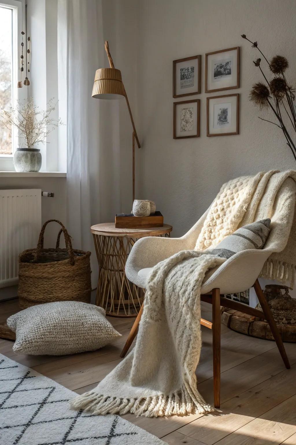 Rich textures add depth to this Scandinavian space.