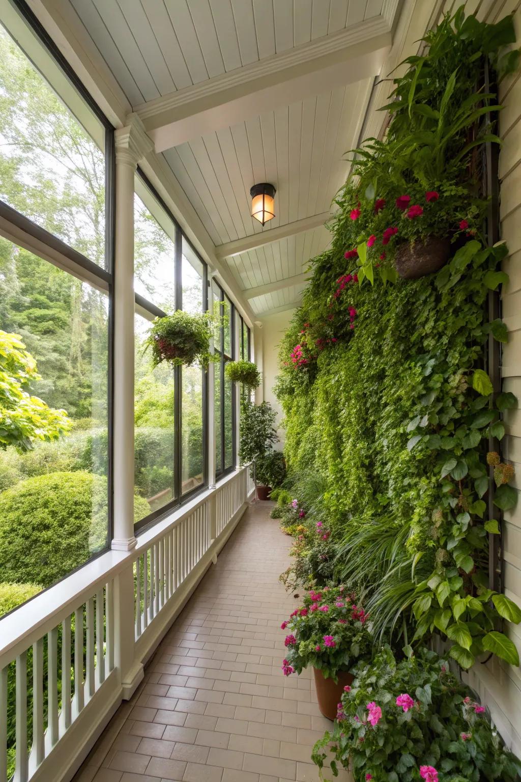 A vertical garden wall adds greenery and maximizes space.