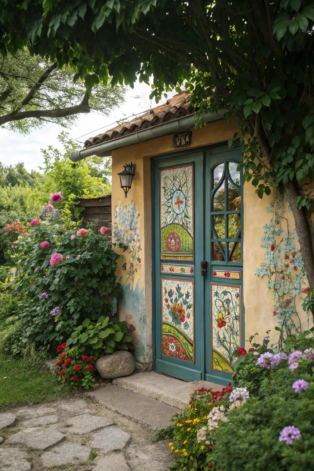 A mural transforms this garden door into a vibrant work of art.