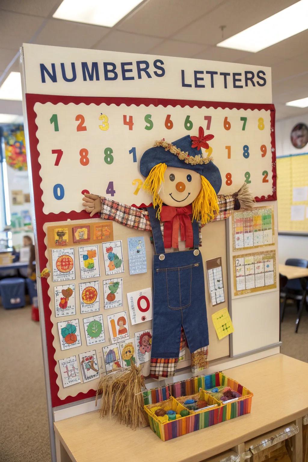 A scarecrow-themed bulletin board with educational elements.