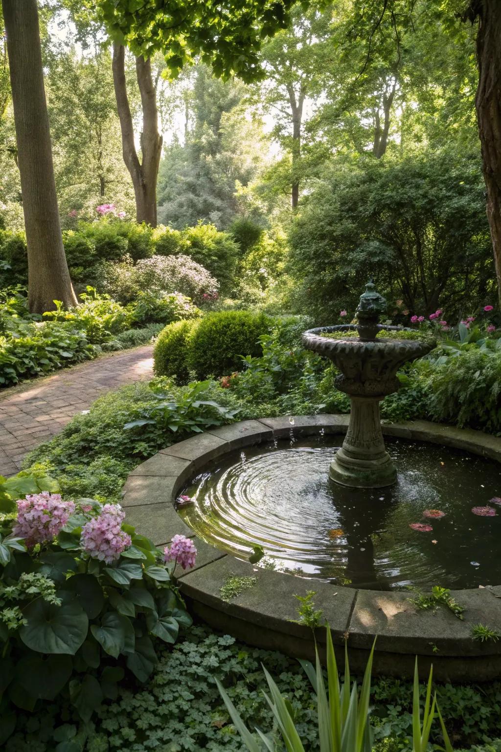 A water feature bringing tranquility to a shade garden.