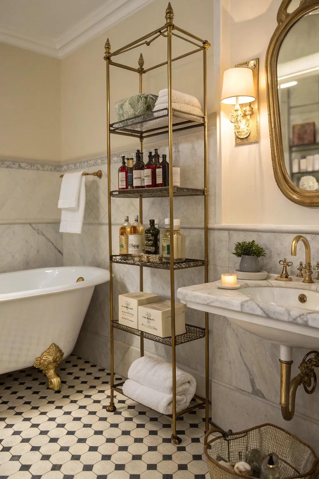 Vintage brass shelves add a timeless elegance to your shower.