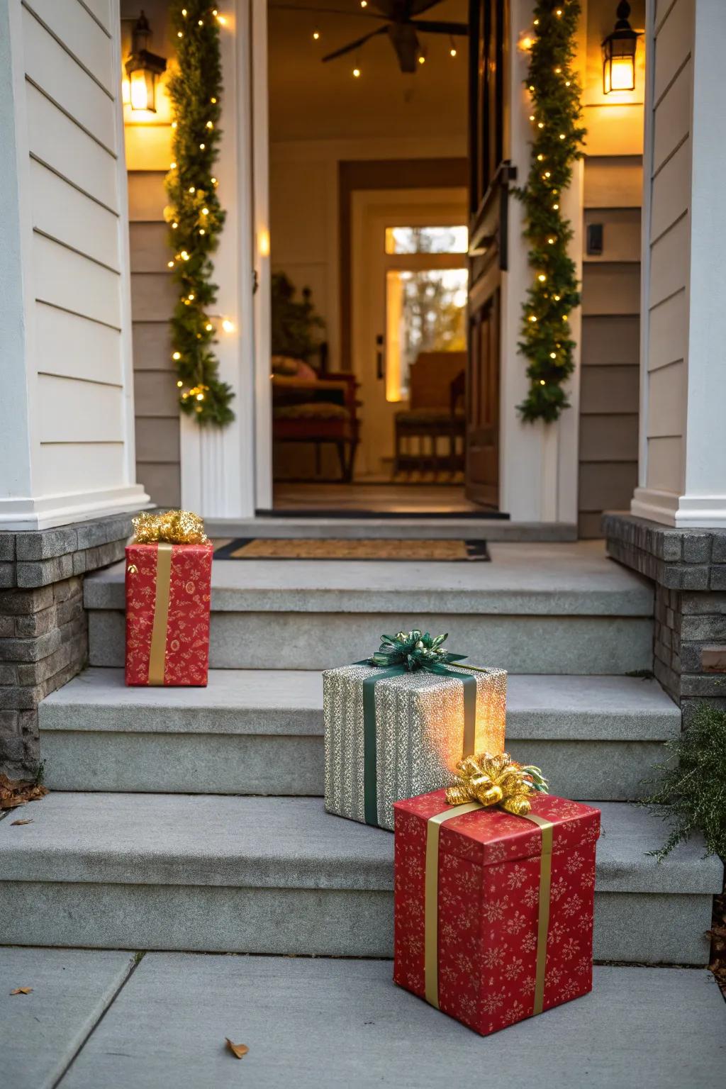 Gift boxes on the steps add a festive and inviting touch.