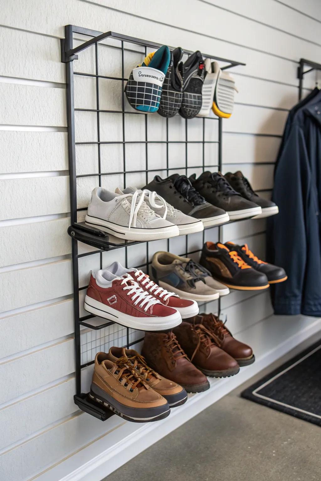 A slatwall shoe rack keeps muddy shoes organized and off the floor.