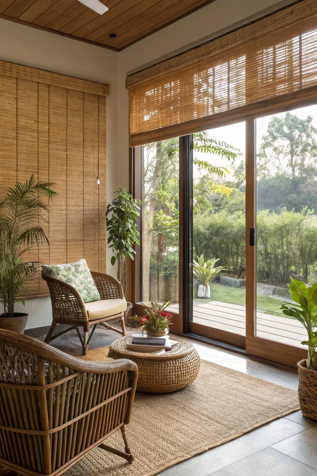 Bamboo blinds bring a natural and eco-friendly vibe.