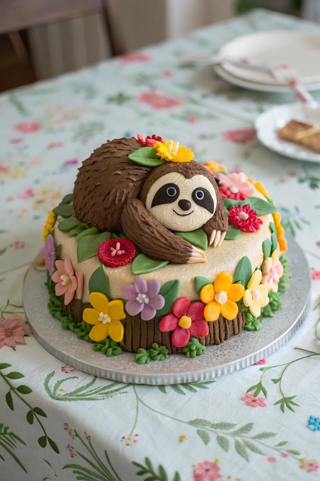 Edible flowers make this sloth cake bloom with beauty.