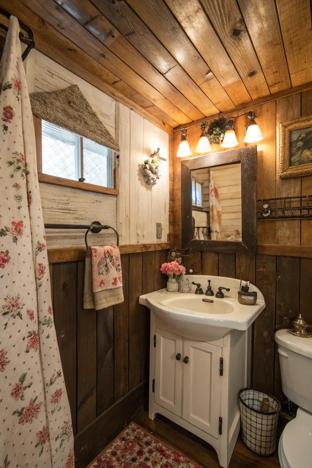 Reclaimed wood adds historical charm to this bathroom.