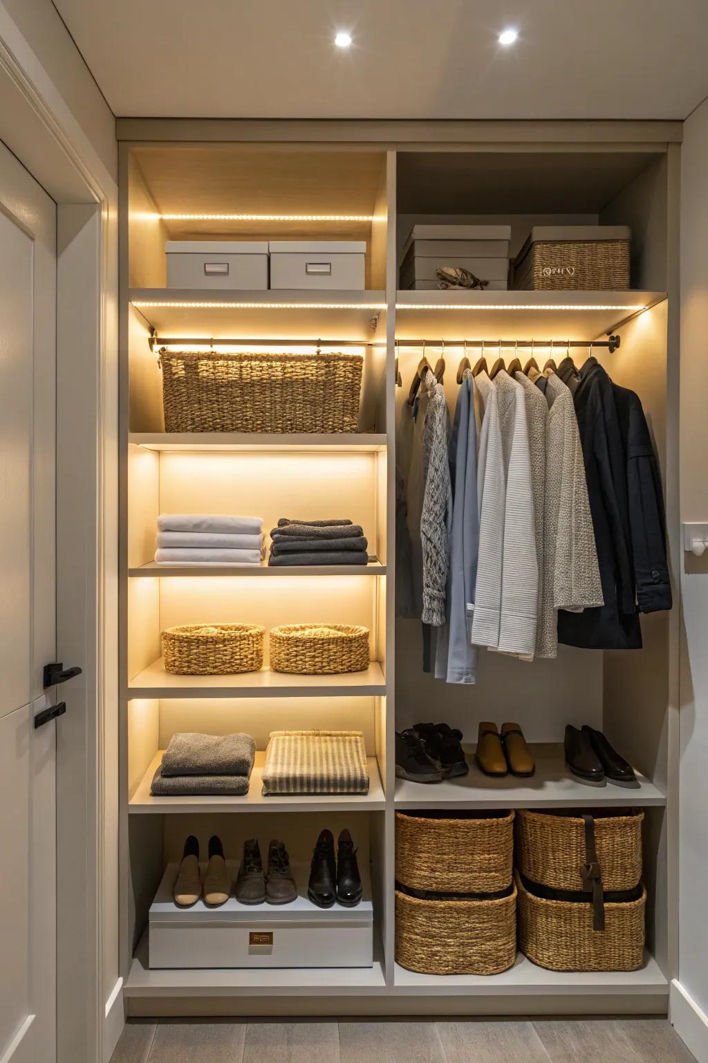 Under-shelf lighting brightens up storage areas.