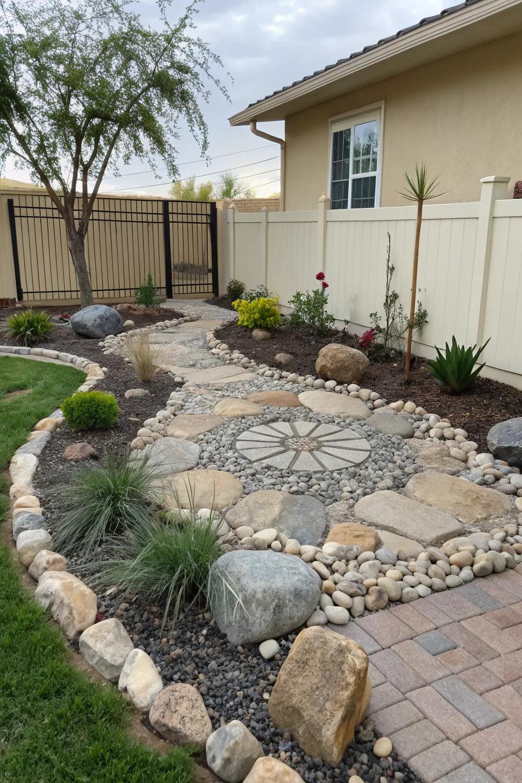 Decorative stones create low-maintenance focal points.