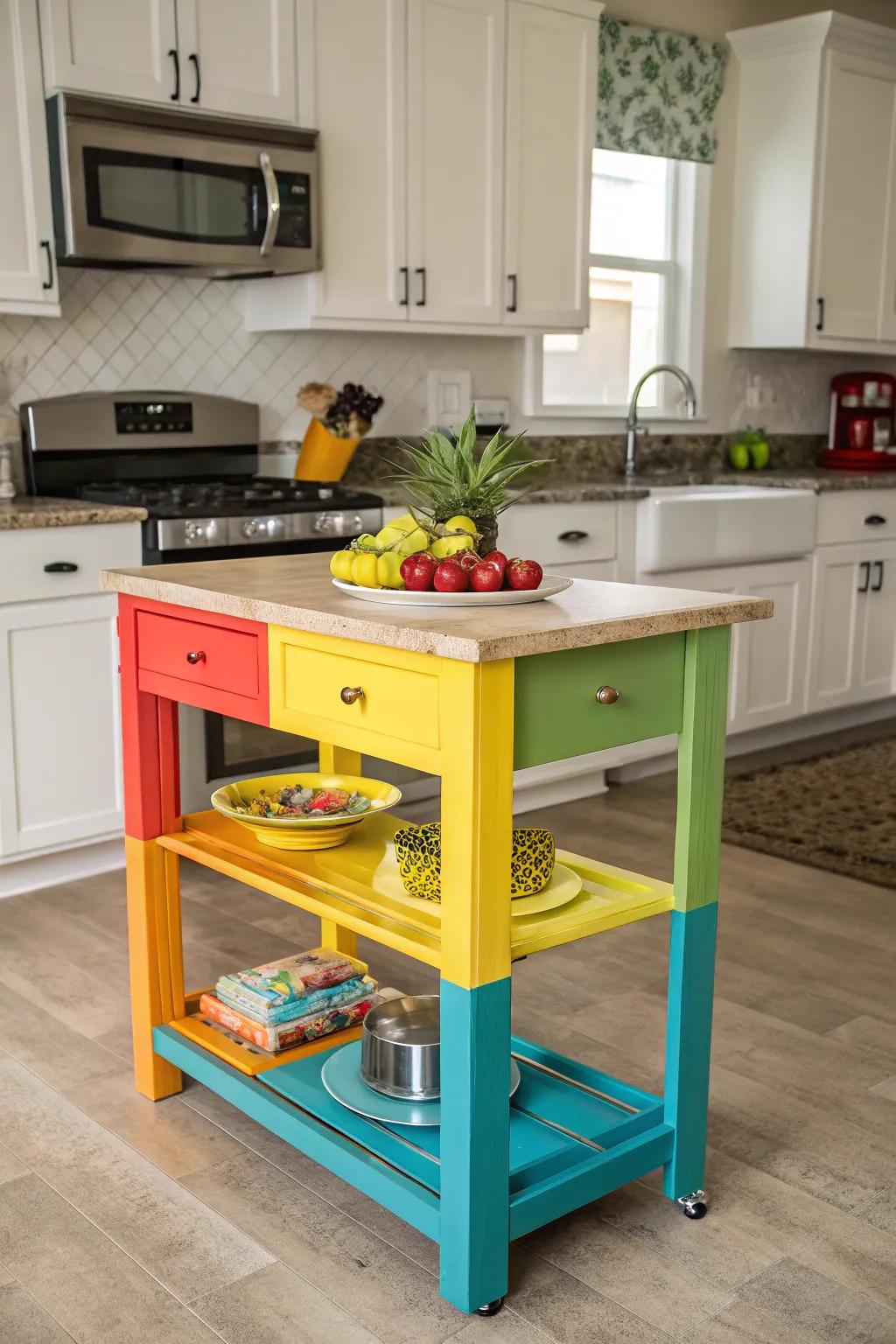 A bold island color creates a striking focal point.