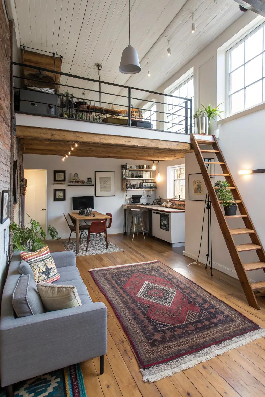 Rugs can help define and separate spaces in a small loft.