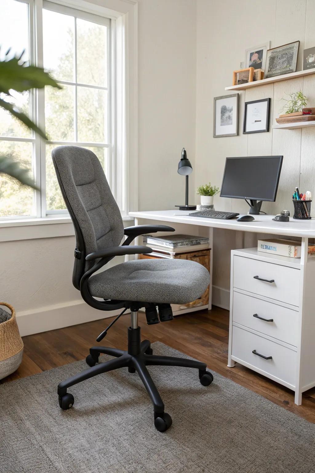 An ergonomic chair perfectly suited for a small office setup.