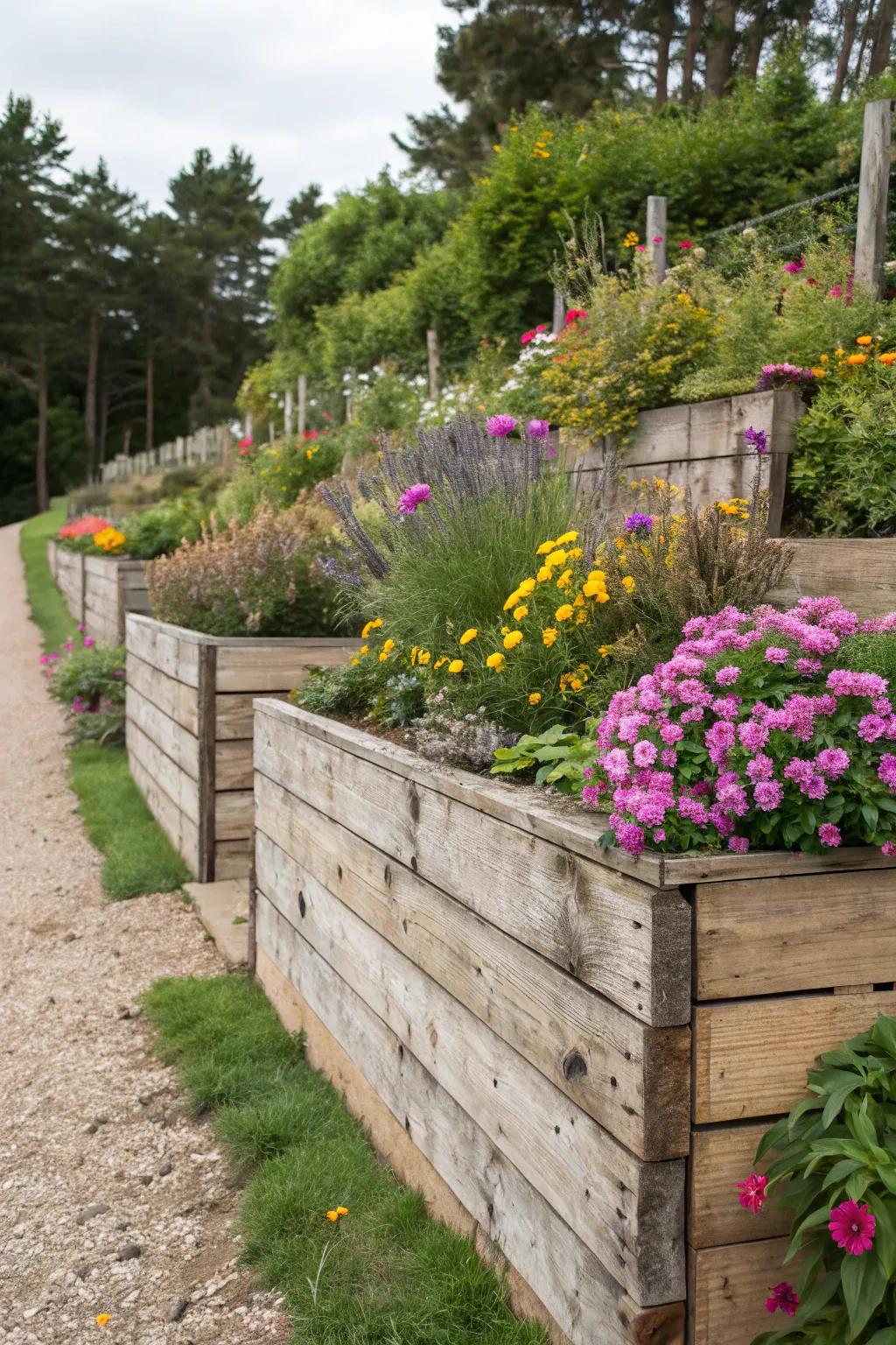 Wooden retaining walls add warmth and rustic charm.