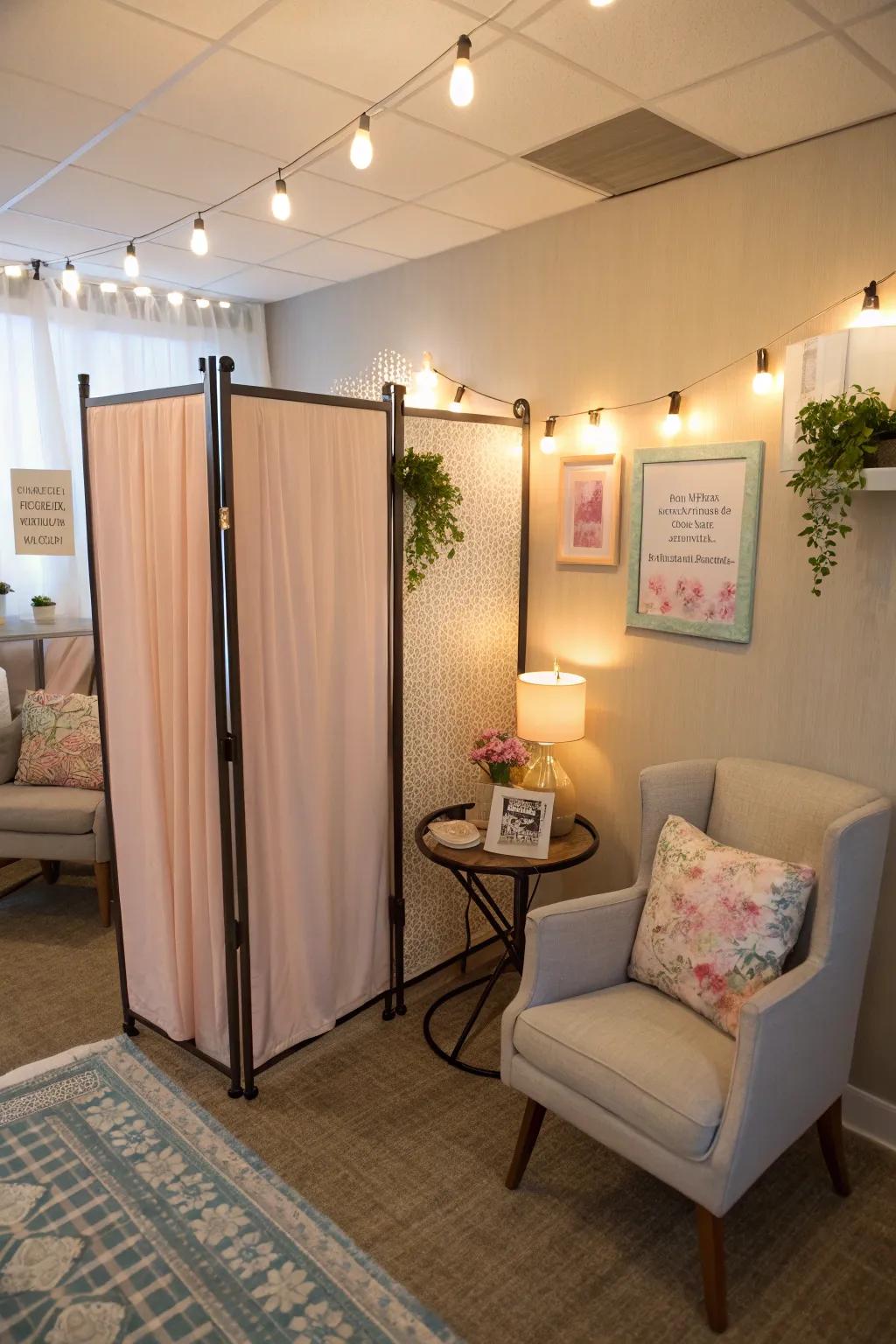 Portable privacy screens for adaptable salon layouts.