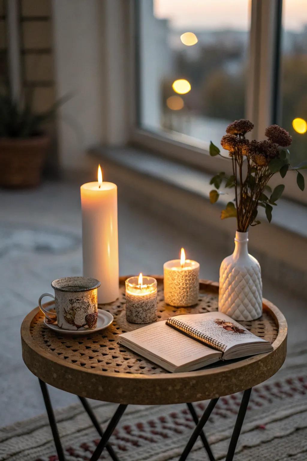 Candles add warmth and ambiance to a side table.