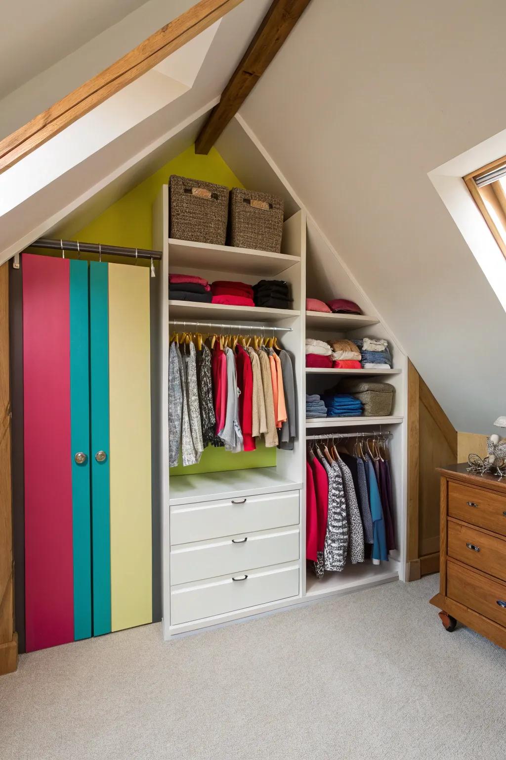 Bold colors can transform an attic closet into a vibrant space.