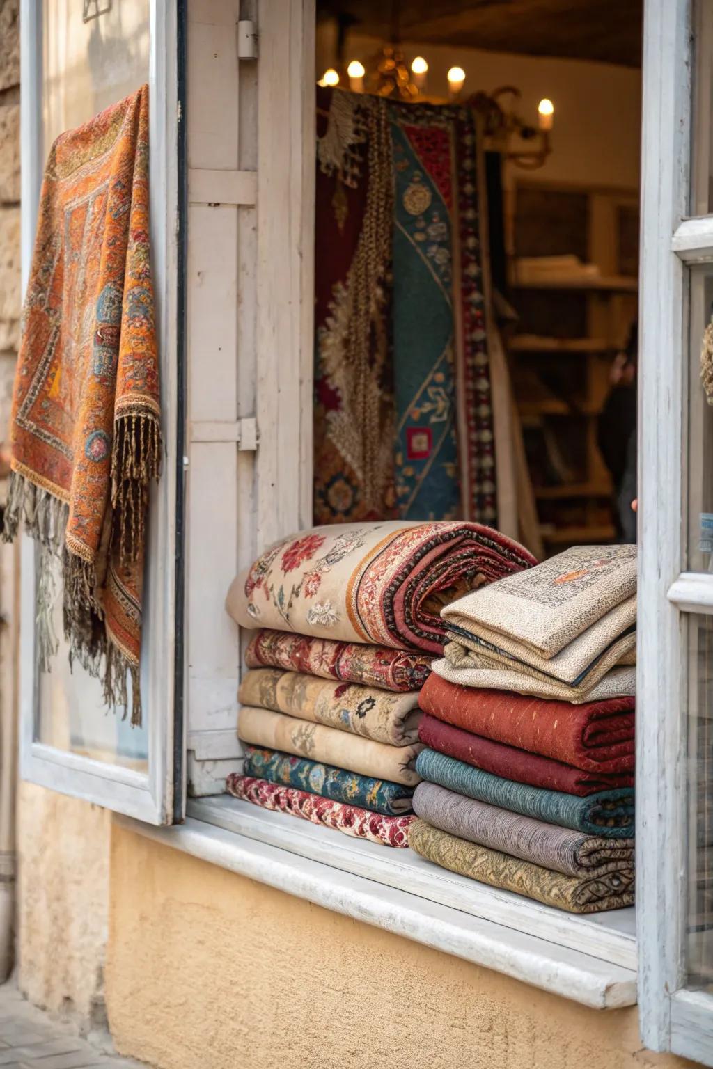 Textiles adding warmth and texture to a small window display.