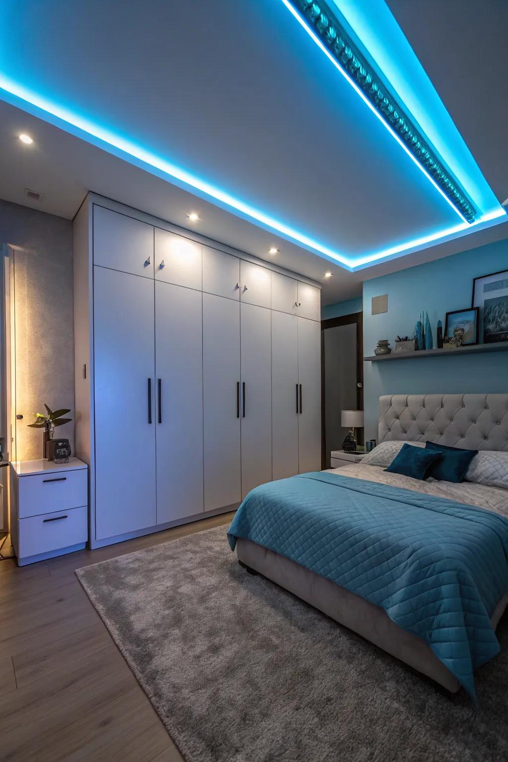 LED strip lighting enhances the futuristic feel of a space-themed room.