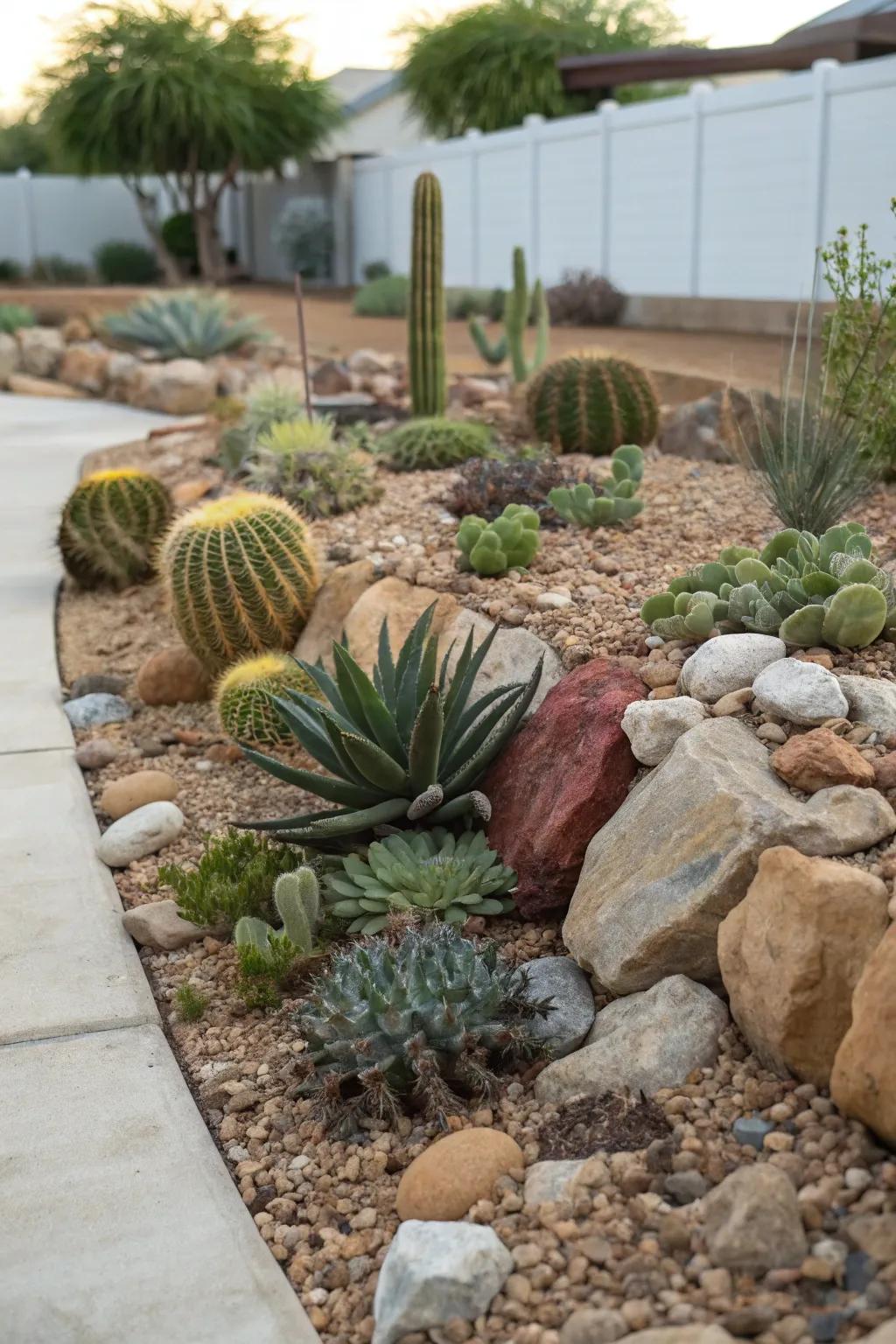 A xeriscaped garden showcasing decorative rocks and drought-tolerant plants.